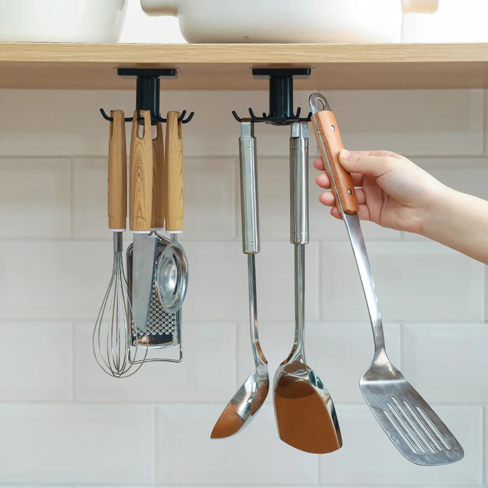 Kitchen Organizer Rack Utensil Holder Wall-mounted Utensils Hanger Supplies Organizers Rotatable Rack with 6 Removable Hooks 1