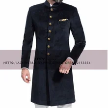 Veste en velours à col montant pour homme, manteau Long, formel, Business, Slim Fit, smoking de marié de mariage 