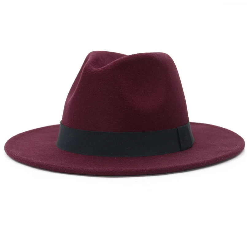 Burgundy GEMVIE, новинка, с широкими полями, белая фетровая шляпа для женщин, шерстяные фетровые шляпы для мужчин, Осень-зима, Панама, джазовая Кепка, в полоску, черная полоса - Цвет: Burgundy
