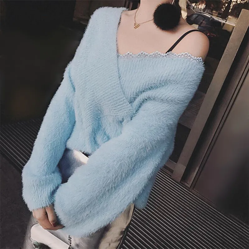 Autumn Winter Warm Fluffy Mink Cashmere Sweater Women Korean Lazy Oaf Lantern Sleeves Lace Hem Patchwork Off Shoulder Sweaters | Женская