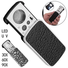 30X 60X 90X Magnifier With 2 LED UV Light Appraisal Reading Pocket Magnifying Glass Retractable Acrylic Optical Len Loupe Mirror 0 05mm 10mm division antireflection film lens magnifier flat field achromatic magnifying glass loupe with micrometer scale 30x