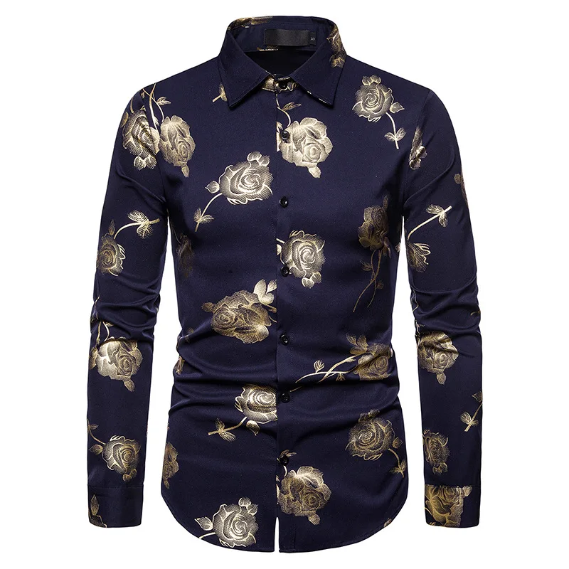 Черная рубашка с цветочным принтом и розами для мужчин Camisa Masculina, новинка, мужские рубашки на пуговицах, рубашка-смокинг костюм для ночного клуба