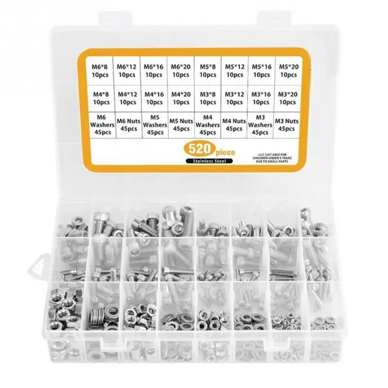 

520pcs M3 M4 M5 M6 Multifunctional Fasteners Portable Head Cap Bolts With Storage Box Hex Socket Screws Set Nuts Washer Hardware