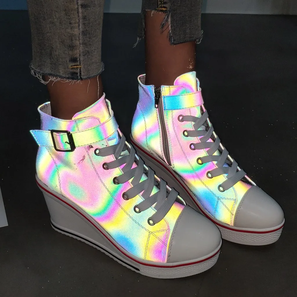 

Women Canvas Vulcanized Shoes Hip Hop High Pumps Casual Illuminate Shoes Fashion Female Girl Zipper Single Shoes