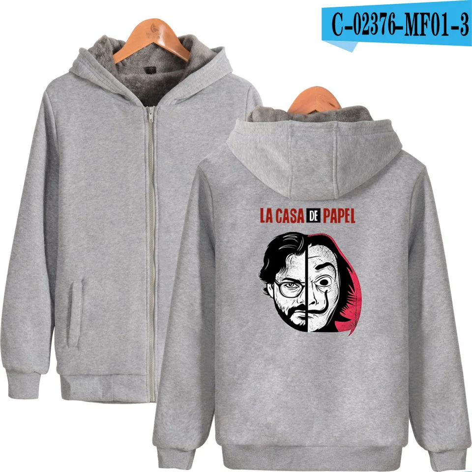 Kaguster Money Heist толстовки Хэллоуин плюс бархат утолщаются с капюшоном на молнии Женская толстовка зимнее пальто для женщин размера плюс - Цвет: Gray5