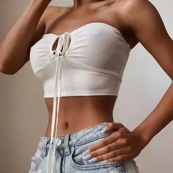 

Summer Sexy V Neck Cropped Tank Tops Women Drawstring Tie Up Front Camis Candy Colors Streetwear Slim Fit Ribbed Crop Top 2020