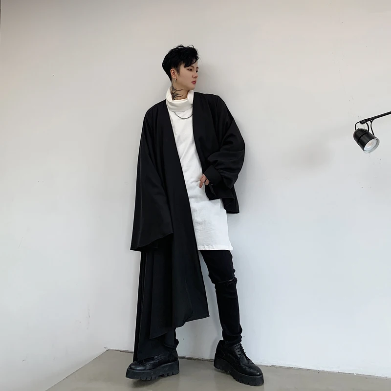 Мужской японский уличная Готический Свободный Повседневный плащ-рубашка верхняя одежда сценическая одежда мужская Асимметричная кардиган с длинными рукавами рубашка пальто