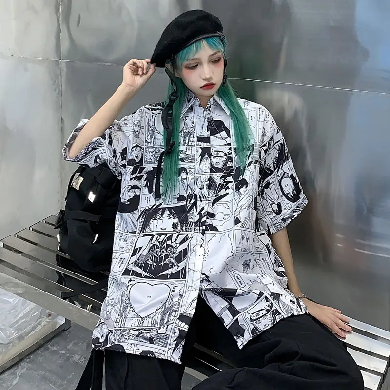 

NiceMix Women blouse short Sleeve pattern Print Loose Blouses Tops Female Shirt Hip hop Ladies Casual Button Blouse Streetwear