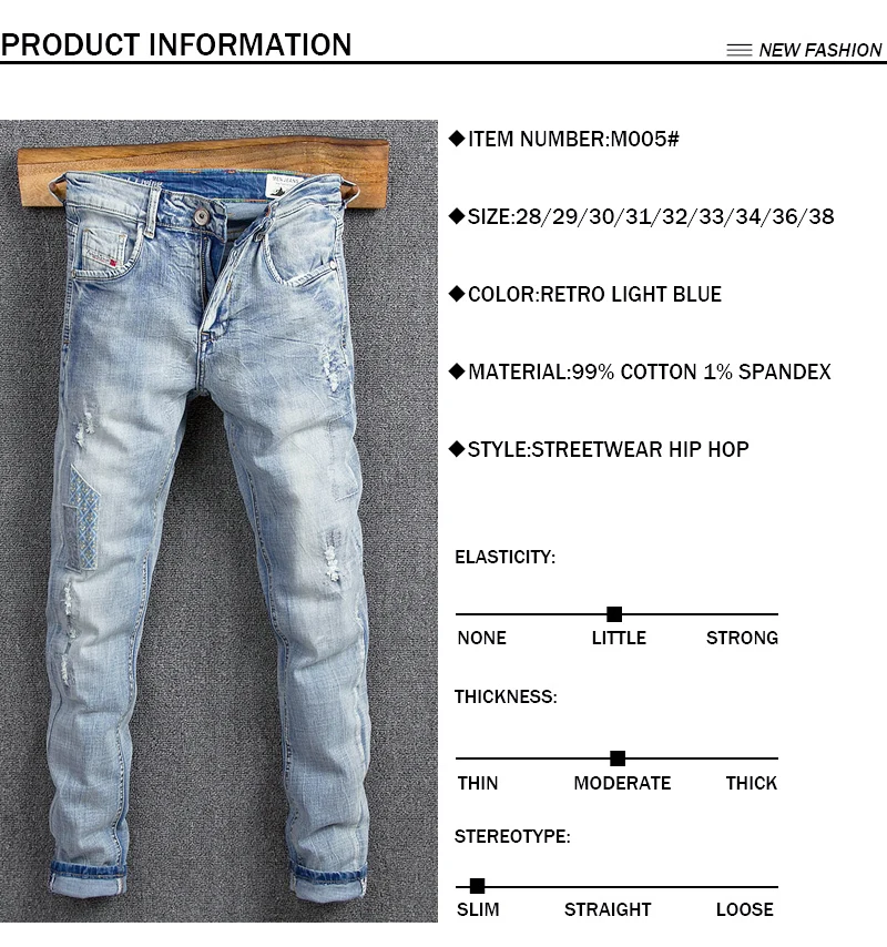 black skinny jeans men Streetwear Fashion Men Jeans Retro Light Blue Elastic Cotton Slim Fit Ripped Jeans Men Patches Designer Hip Hop Denim Punk Pants ripped jeans for men