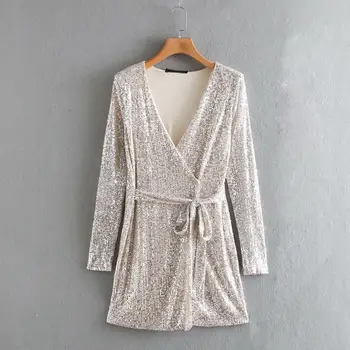 

2020 Women High Street Cross V Neck Sahes Sequins mini Dress Female Chic Shinning Vestidos Casual Slim Club Party Dresses DS3192