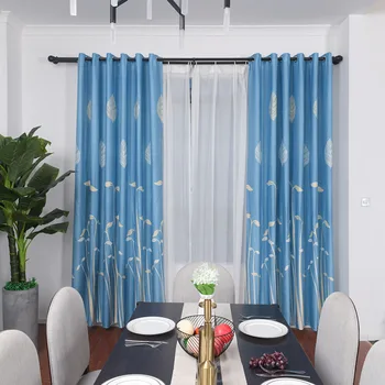 

New Modern Leaf Blackout Blue Curtains for Living Room Window Curtains for Bedroom Kitchen Drapes Fabric Blinds Home Decor