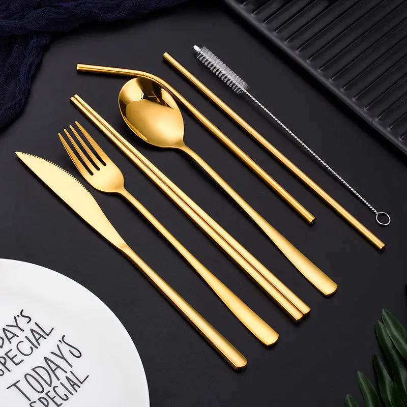 Gold 7-piece Set Нержавеющая сталь вилка, ложка палочки для еды набор щеточек детской одежды в цветах радуги столовые приборы с сумочкой в комплекте; Новинка Портативный многоразовые столовые приборы для путешествий Набор 304 - Цвет: Gold 7-piece Set