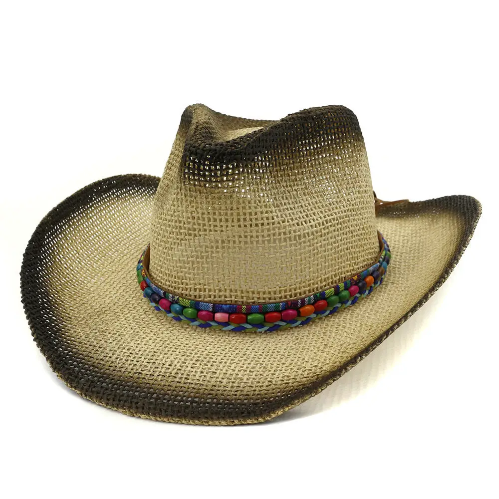 Summer Handmake Raffia Men Western Cowboy Hat With Rope Women Western Wide Curling Brim Cap Sun Protection Unisex Hats AF0034