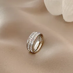 Luxurious Rose Gold Zirconia Ring - Premium Hypoallergenic Stainless Steel Jewelry - 8 (Silver Double Row)
