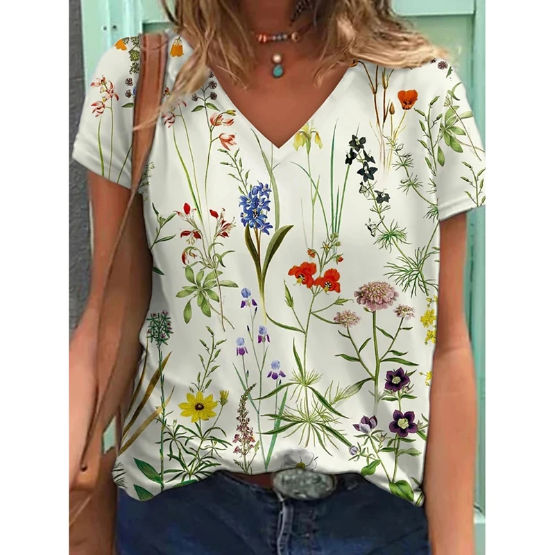 

Casual V-Neck Short Sleeve Letter Floral Printed Women Blouse Shirts 2022 Summer Fashion Loose Streetwears Tops Female Blusa 5XL