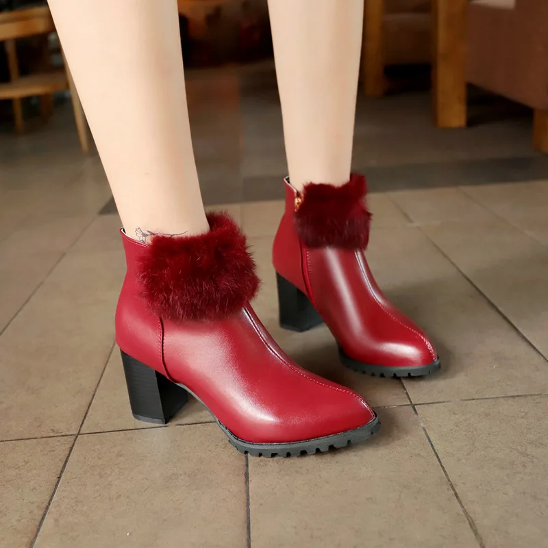 

Pointed Toe Fashion PU Ankle Boots Women Med Platform Solid Faux Fur Chelsea Boots Square Heel Casual Zip Winter Shoes Plus Size