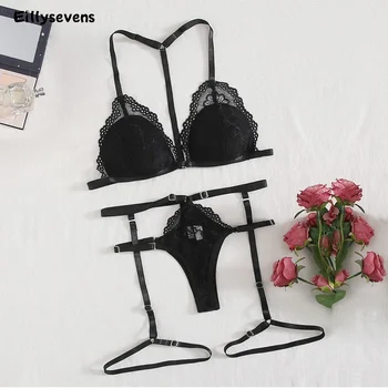 

Sexy Lace Bra And Panty Set Women Garters Push Up Lingerie Bralette Thong Panties G-string Underwear Wire Free Bra & Brief Set#3