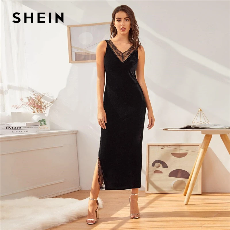Черная кружевная ночная сорочка SHEIN с разрезом на Подоле и V образным вырезом