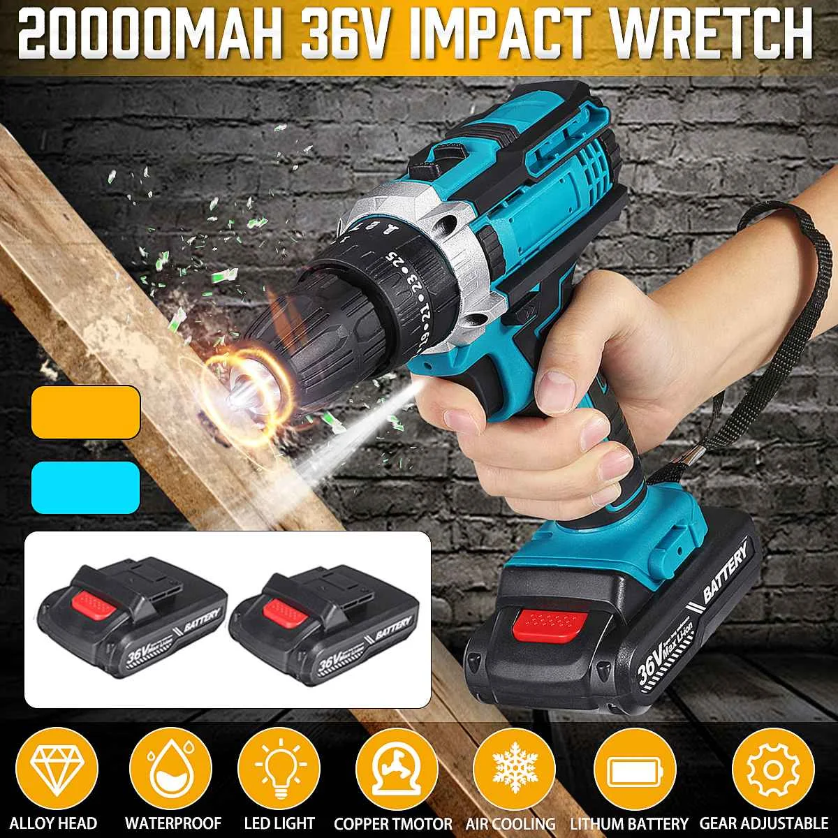 

36V Electric drill 25 Torque Drilling Tool Power-Drills Screwdriver Rechargeable Cordless Drill 20000mAh With 2 Li-ion Batte