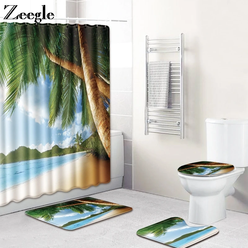 Zeegle 4pcs Bath Mat Set Waterproof Curtain Anti Slip Bath Shower Mat Toilet Pedestal Rug Flannel Foot Mat Washable Toilet Set