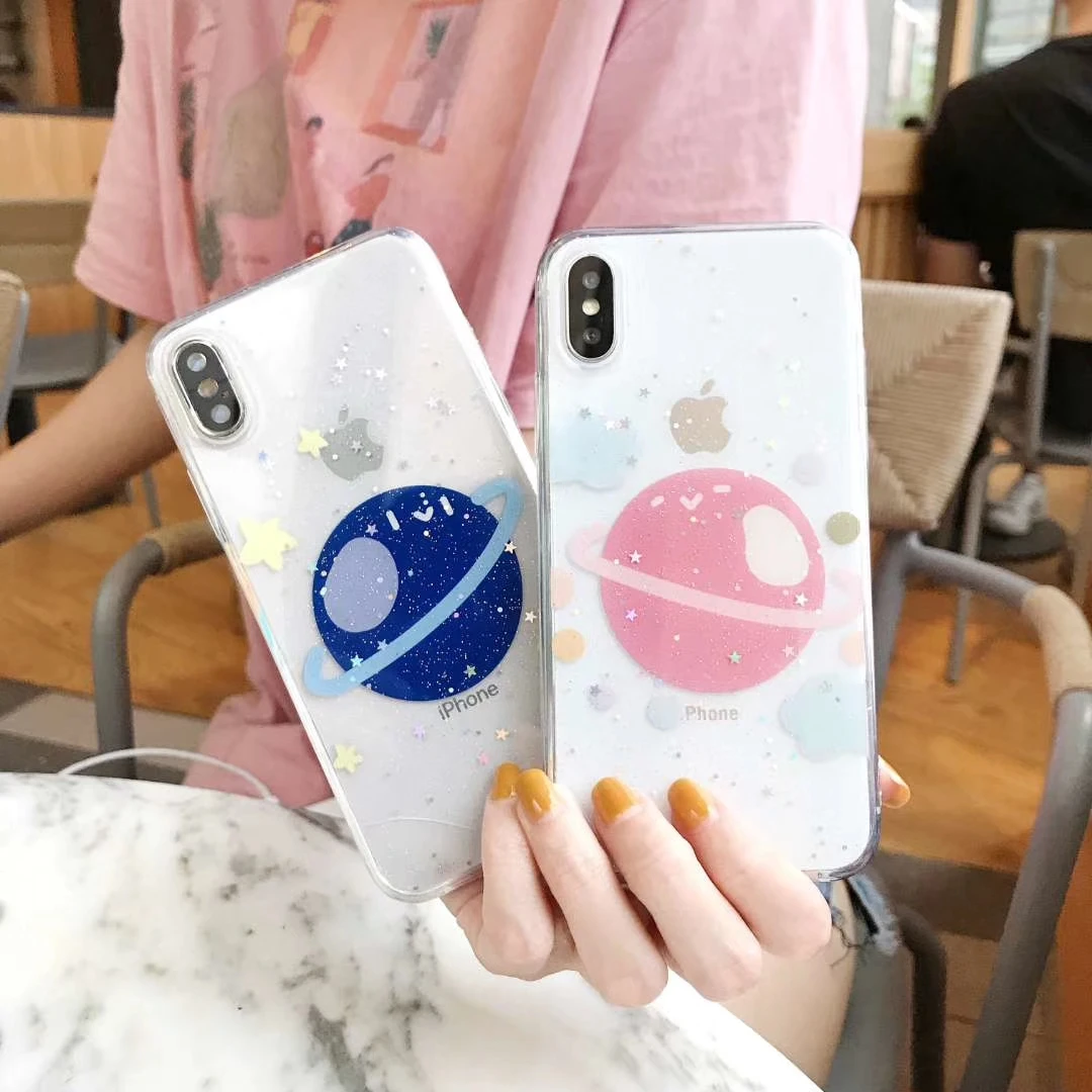 

Cartoon Space Planet Stars Glitter Phone Case For iPhone 7 8 Plus X XR XS Max 11 Pro Max Cartoon Rocket Transparent Back Cover