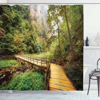 

Apartment Decor Collection, Wooden Bridge Over Mountain River Among Trees and Rocks in the Zhangjiajie Forest Park, Polyester
