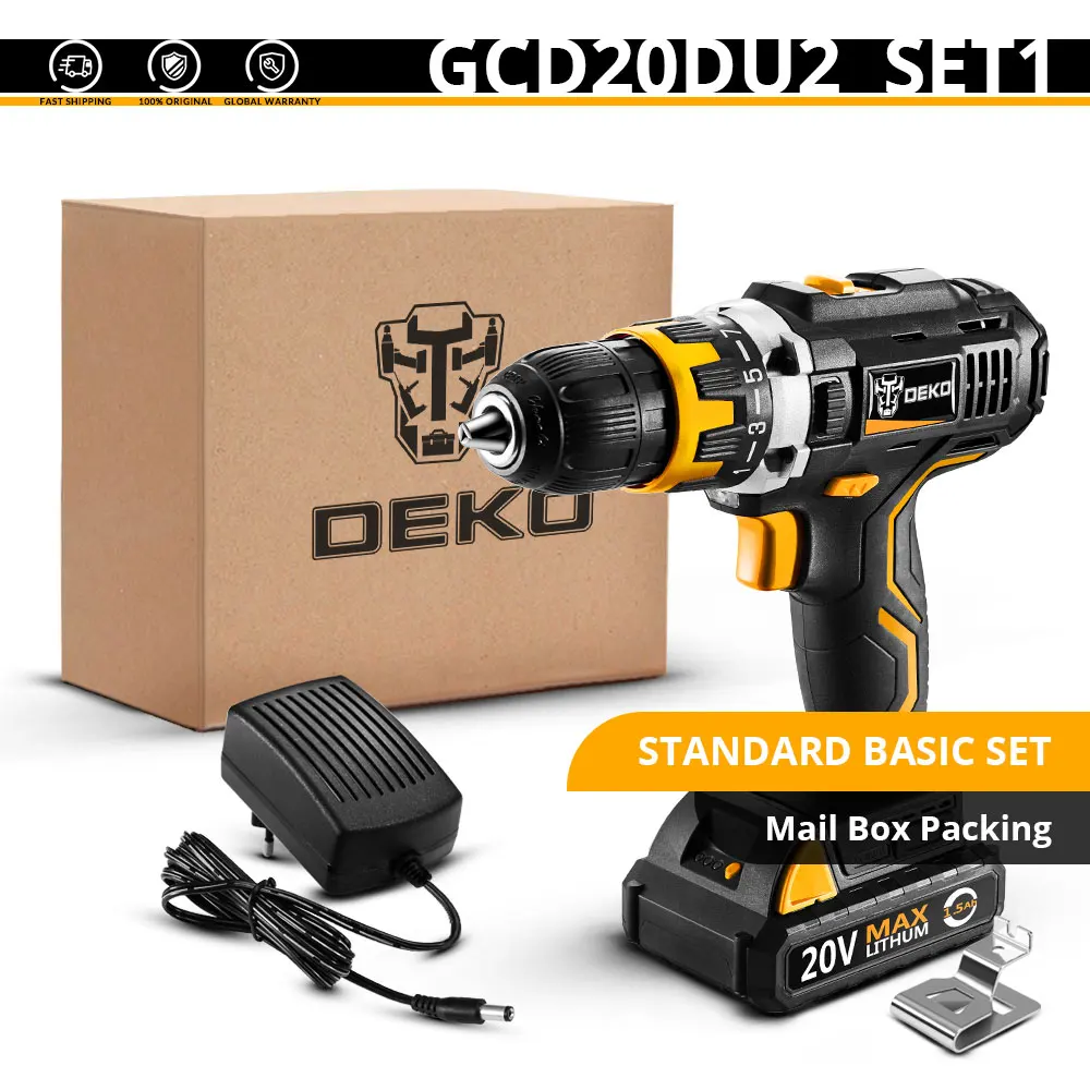 DU2SET 1 DEKO GCD20DU серии Электрическая отвертка аккумуляторная ударная дрель Мощность драйвер 20V Макс DC литий-ионный Батарея 13 мм 2-Скорость - Цвет: DU2SET 1