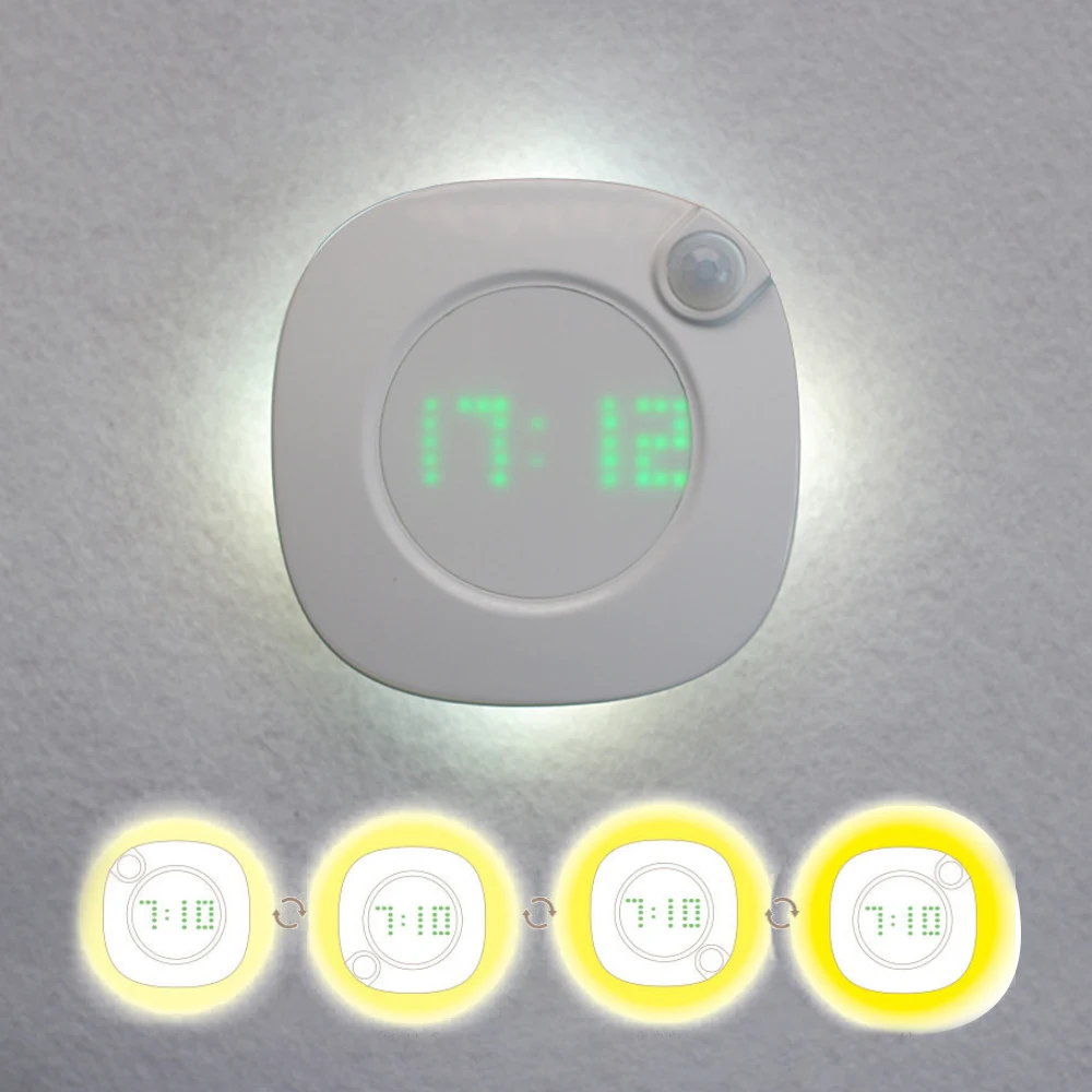 

Motion Sensor Night Light With Clock Battery Power PIR Sensor Two Lighting Color Adjustable Brightness Magnet Night Lamp