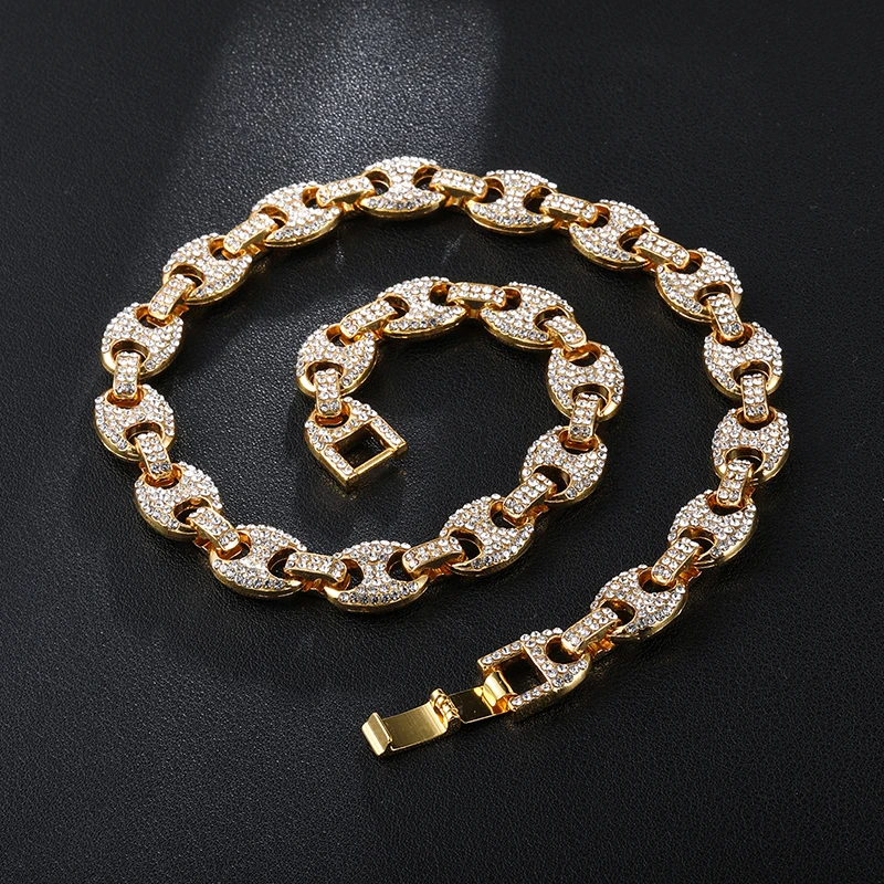

Iced Out Charm Link Chain Alloy CZ Coffee Bean Pig Nose Rhinestone Necklace Bling Necklaces for Men HIP HOP Jewelry