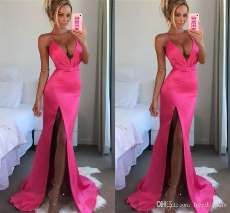 Sexy Hot Pink Mermaid Prom Dresses Diepe V-hals Side Split Satin Formele Slijtage Lange Party Avondjurken Sexy Hot Pink Mermaid Prom Dresses Diepe V-hals Side Split Satin Formele Slijtage Lange Party Avondjurken