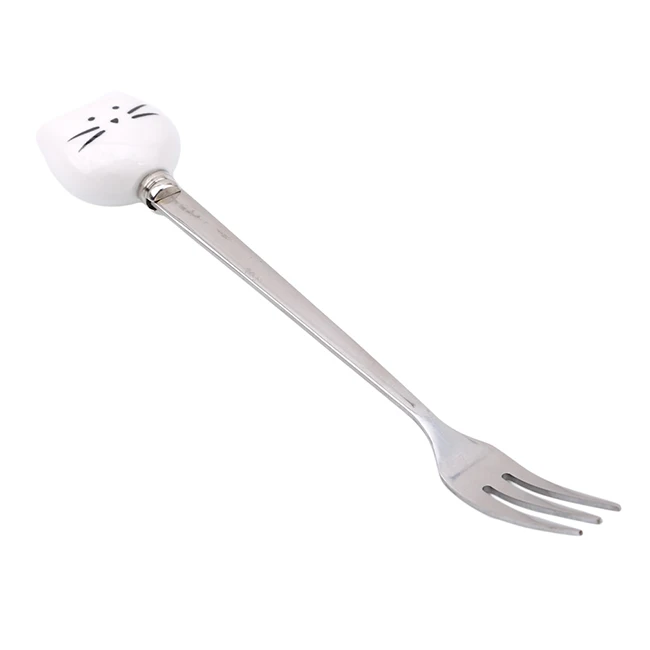 WhiteCat Fork Stainless Steel Fruit Fork& Spoons Cartoon Cat Dessert Fork Home Daily Fruit Food Small Fork Coffee Spoon Kitchen Gadgets - Цвет: WhiteCat Fork