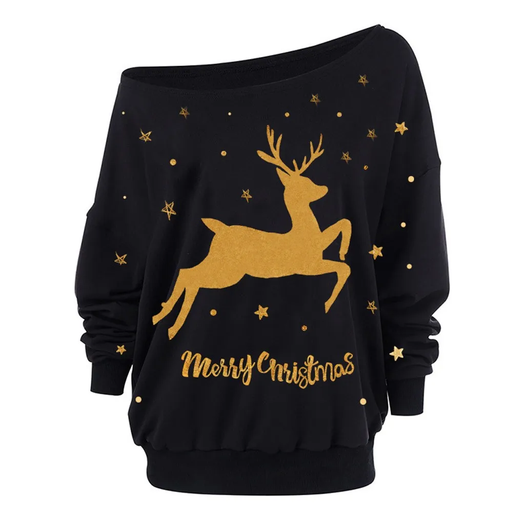 Женские свитшоты, пуловер, модный принт с рождественским лосем, свободная толстовка с длинным рукавом и открытыми плечами, Теплые Топы, Kerstkleding Dames