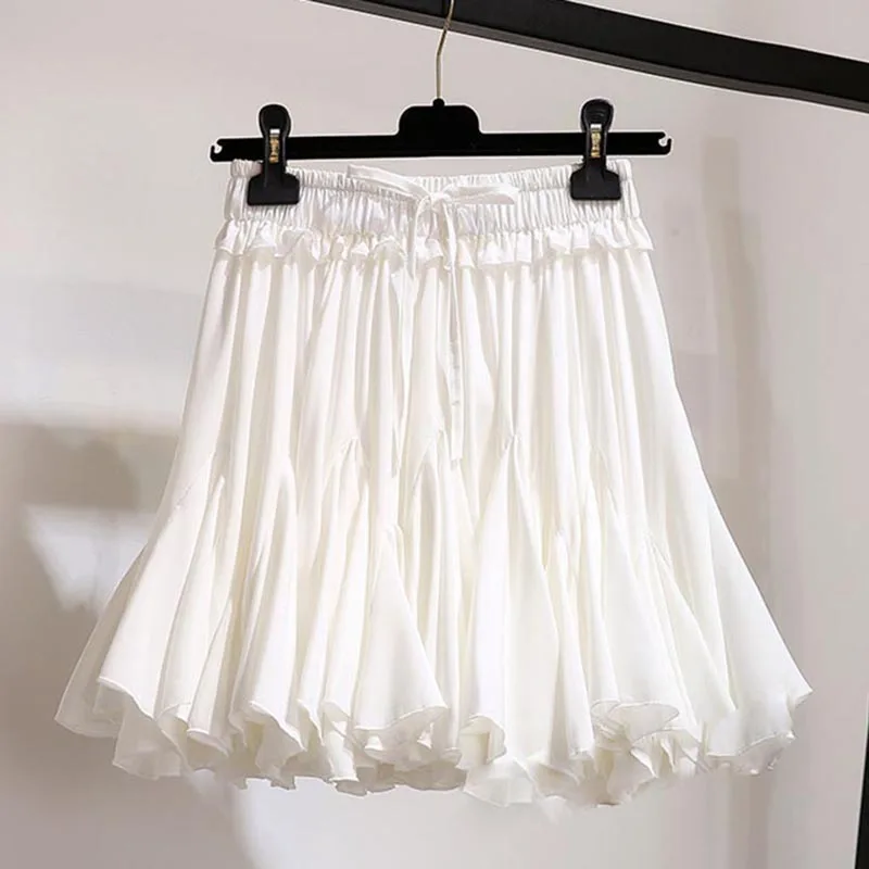 White Black Chiffon Summer Shorts Skirt Women Fashion Korean High Waist Tutu Pleated Mini Sun School Skirt Female - Цвет: Белый