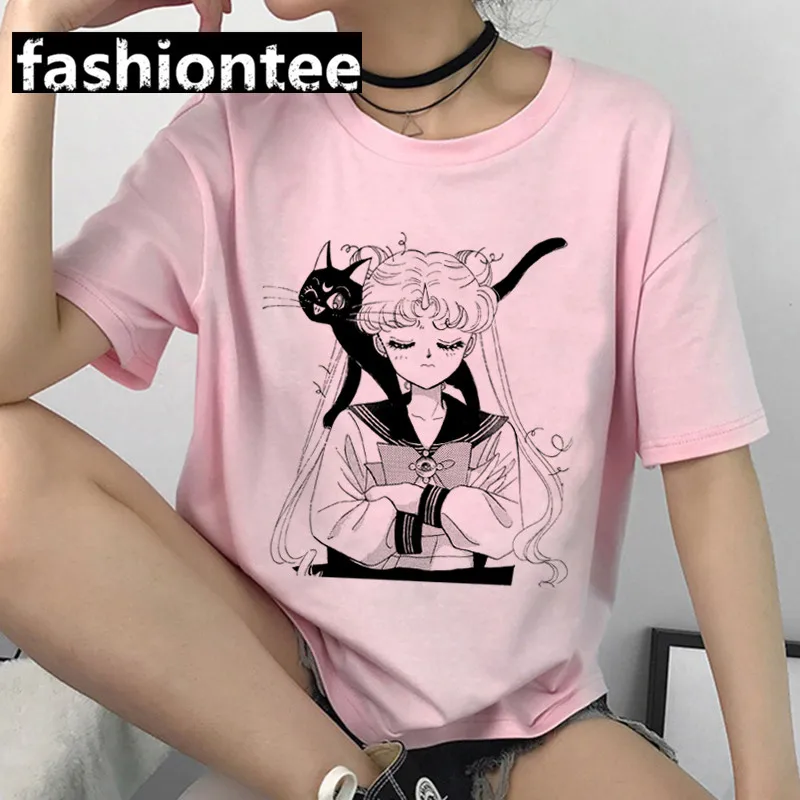 Women Harajuku 90s T-shirt Kawaii  Funny Cartoon Pink T Shirt Aesthetic Cute Tshirt Japanese Anime Tops Tee Femme cool t shirts Tees