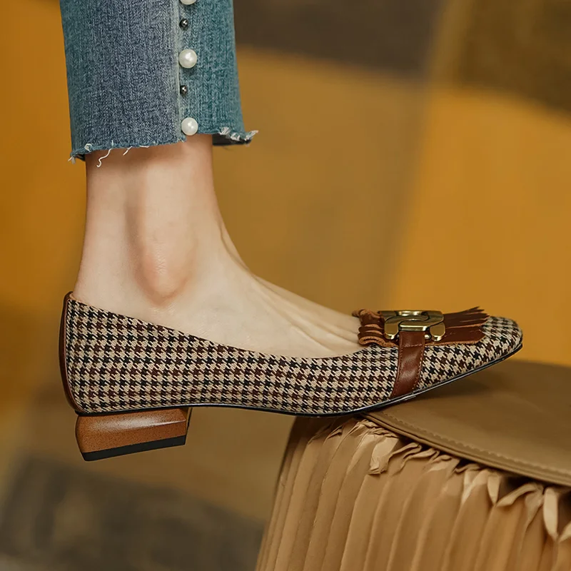 New Style Retro Leather Women's Shoes Fashion Tassel Beads Square Toe Plaid Open Toe Casual Shoes Thick Heel Size 34-40 Handmade