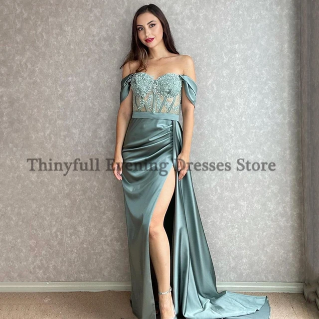Thinyfull Sexy Prom Evening Dresses Off Shoulder Appliques Party Dress High Split Floor Length Cocktail Gowns Saudi Arabia Dubai Picture Color