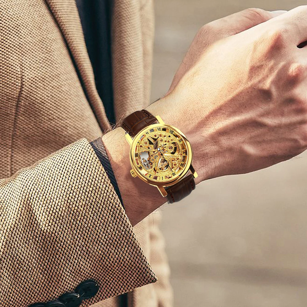 Winner Transparent Golden Case Skeleton Watch for Men Leather Strap Mens Watches Top Brand Luxury Mechanical Clock часы мужские