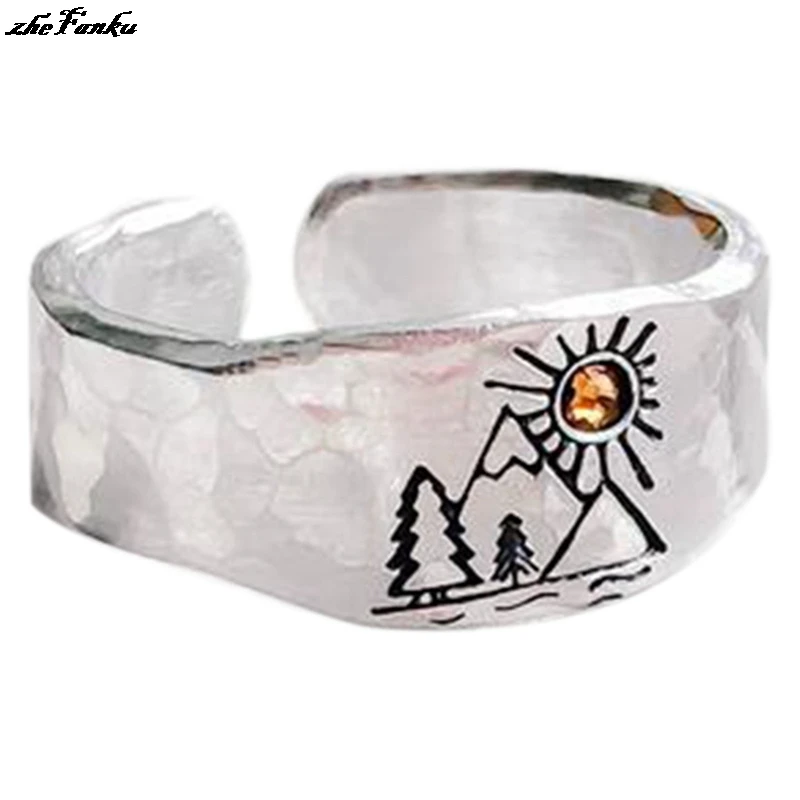 Mountain Sun Nature Landscape Anello Intagliato Per Donna Uomo Mountain Sunset Nature Forest Ring Gioielli Regolabili