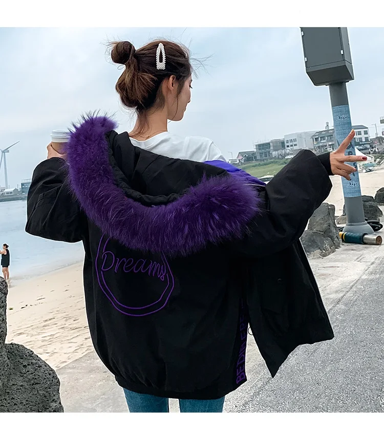 New Winter Cotton Coat Women Big Fur Collar Down Parka Jacket Hooded Winter Warm Jacket Womens Korean Loose Down Padded Outwear