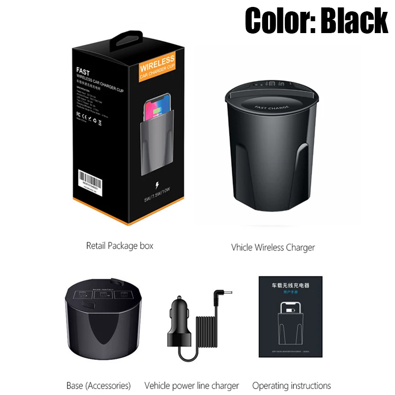 10W Wireless Car Fast Charger Cup For iPhone X XS XR Samsung Galaxy S9 S10 Plus for Huawei Mate 20 Pro With USB Type-C Output - Color: Black