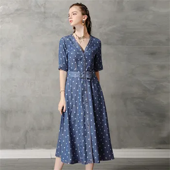 

Star Denim Slim Dress 2020 Summer Dress Vintage Women's Dresses Single Breasted A-line Dress V neck Long Female Vestidos
