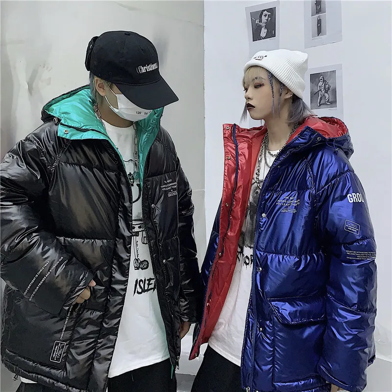 Теплая куртка с капюшоном и буквенным принтом, толстая парка Harajuku, зимнее глянцевое пальто, женские куртки в стиле хип-хоп, уличная одежда, Свободное пальто