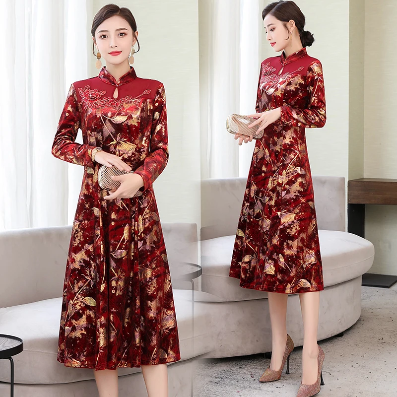 China Fengkuo's nieuwe banket jurk in de herfst van 2019, moeder jurk, lange mouwen gedrukt geborduurd verbeterde cheongsam rok China Fengkuo's nieuwe banket jurk in de herfst van 2019, moeder jurk, lange mouwen gedrukt geborduurd verbeterde cheongsam rok