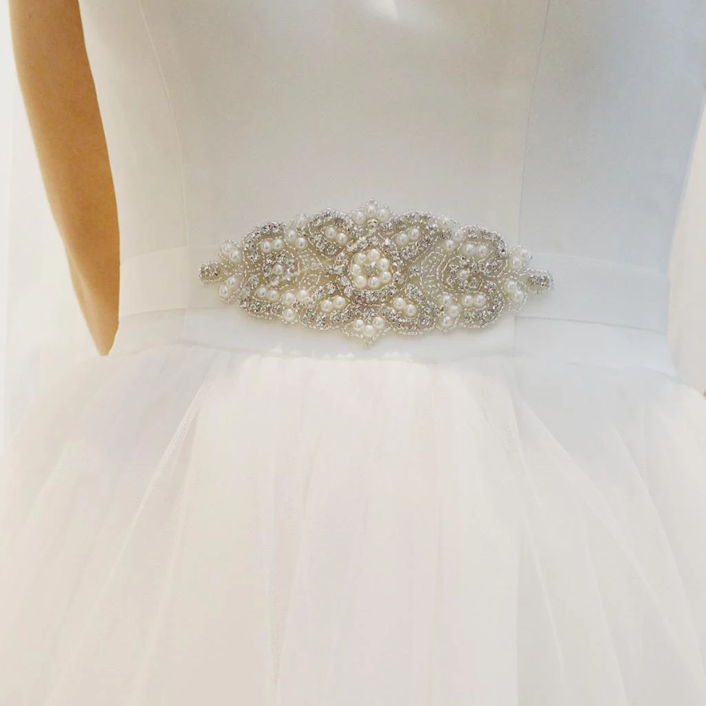 New 104'' Long Bridal Rhinestone Wedding Belts with Crystal and Pearls for Wedding Dress Sashes and Belt, Beige