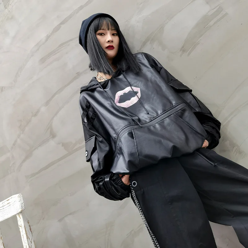 Embrioidery Lip Women Sweatshirt PU Leather