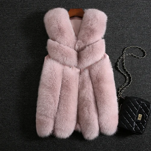 pink Кожаный лоскутный жилет средней длины из лисьего меха, шикарный дизайн, элегантная женская уличная одежда, пальто из натурального меха, модное пальто высокого качества - Цвет: pink