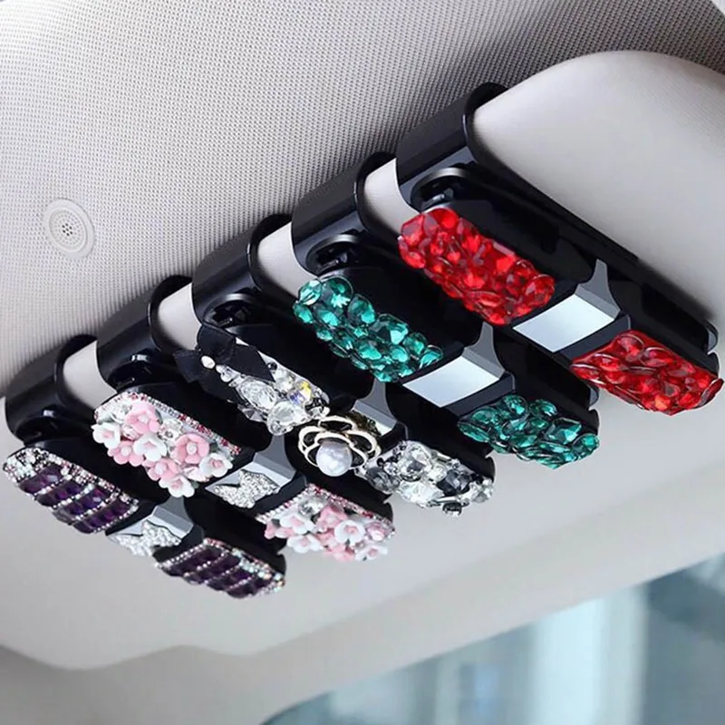 Crystal Car Fastener Clip Sun Visor Sunglasses Fashion Women Diamond Car Glasses Decorative Card Ticket Clip Holder