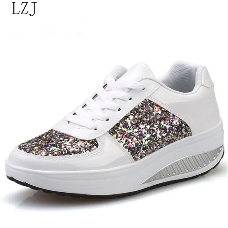 

New 2019 Spring and Autumn Models Explosion Ladies Color Sequins Mirror Thick Bottom Wedge with Large Size Sports Shoes 35-41