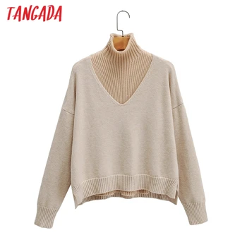

Tangada korea chic women turtleneck sweater vintage ladies 2 piece knitted jumper tops 2F74
