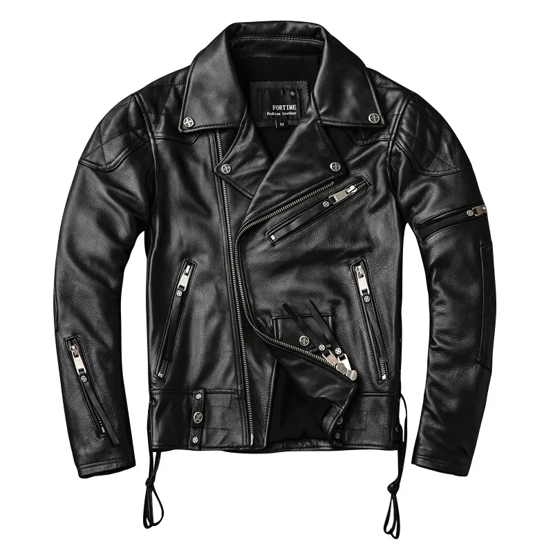 Baratos 2019 chaqueta de cuero de motocicleta americana para hombre negro talla grande XXXXL piel de vaca genuina otoño Slim Fit chaqueta de motorista envío gratis
